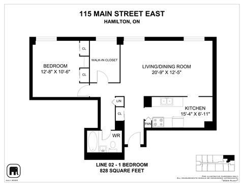 Floor plan for 1 bed, 1 bath, 828 sqft